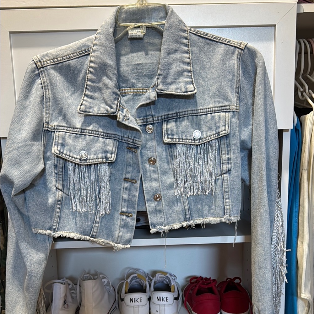 Denim Fringe Cropped Jacket